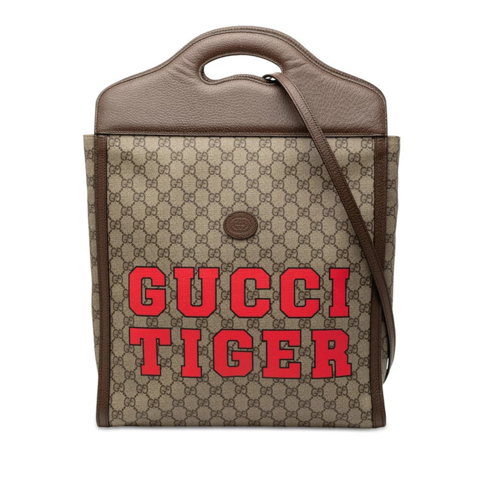 Gucci GG Supreme Tote Bag Shoulder Beige Cream Brown Red Leather
